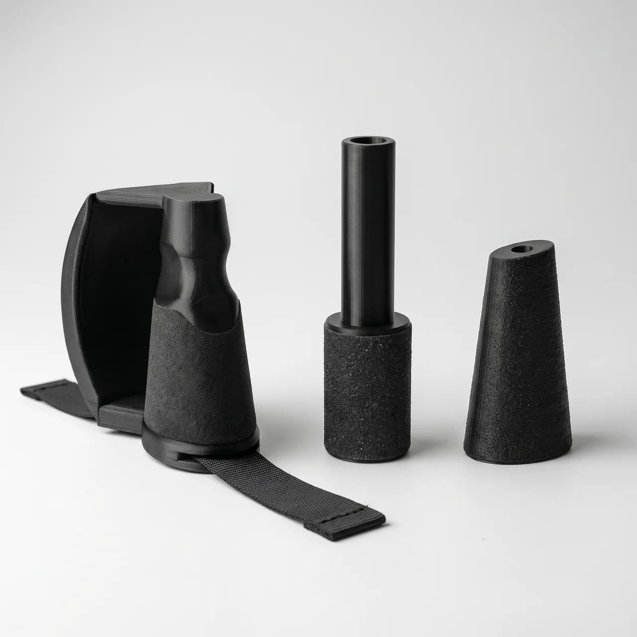 Hook Pack: Ulnar Max, High Cup Handle and Elipsed Cone armwrestling training handles in black, studio view