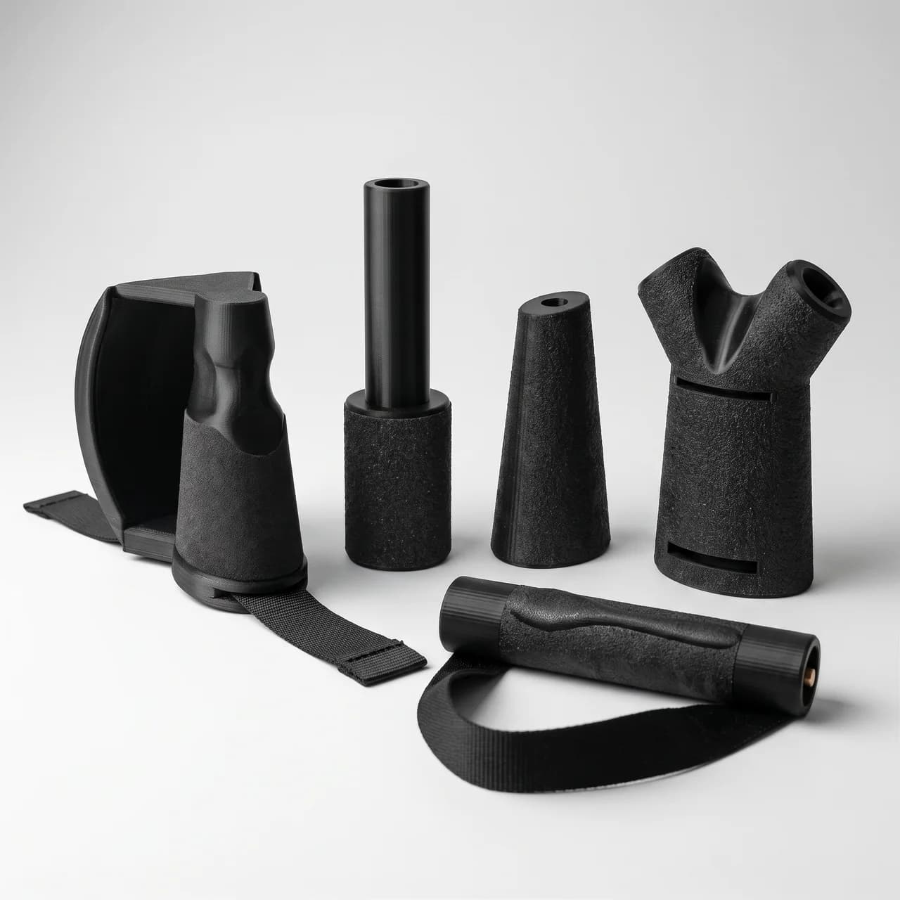 The Phoenix Line: all five Cody Wood Athletics armwrestling training handles in black, studio view